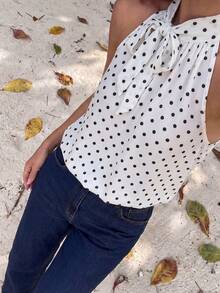 Bonvoyette 女士波点印花荷叶边吊带露背上衣，时尚无袖上衣，波点上衣，褶皱上衣，吊带上衣，波点上衣，黑白上衣，西部风上衣，海滩度假，夏季 - 白色 - 查看 3