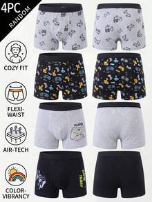 4pcs/Set Boys' Cartoon Print Cool Black & Gray Boxer Briefs, Comfortable Fabric Suitable For All Seasons - Multicolor - View 1
