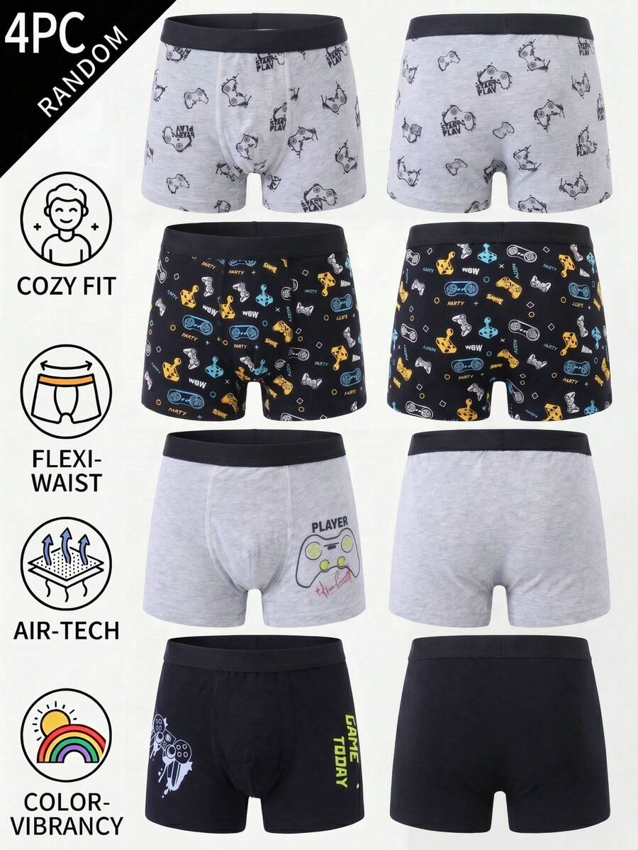 4pcs/Set Boys' Cartoon Print Cool Black & Gray Boxer Briefs, Comfortable Fabric Suitable For All Seasons - Multicolor - View 1