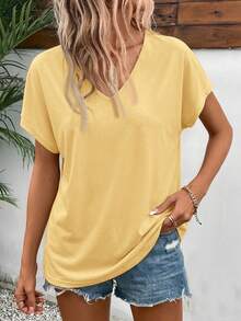 SHEIN Frenchy Casual Solid Color Batwing Sleeve T-Shirt, Versatile For Summer,Summer Top - Yellow - View 3