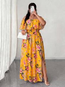 Elenzga Plus Size Women's Yellow Summer Boho Vacation Holiday Floral Print Off-Shoulder Ruffle Hem Waist Pleated Maxi Dress, Dates Travel Outing - Multicolor - View 3