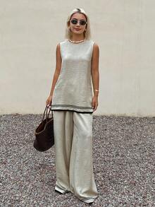 Livesso Women's Sage Green Round Neck Camisole And Pants Casual 2 Pieces Set Vacation Summer - Apricot - View 3