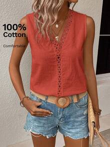 SHEIN LUNE Guipure Lace Panel Sleeveless Blouse - Redwood - View 3