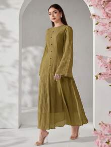 Veilorie Women's Elegant Solid Color Textured Button Decor Waist Cinched Long Dress - Yellow - View 3