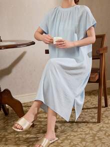 DAZY Women's Solid Color Pleated Casual Everyday Dress Summer Pajamas - Blue - View 10
