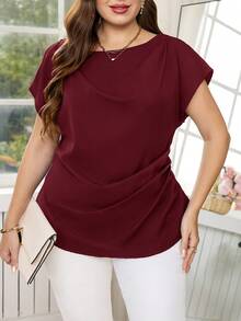 Reflora Plus Size Elegant Solid Color Ruched Blouse For Commuting, Summer - Burgundy - View 6