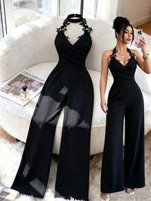 Elenzga Bộ jumpsuit nữ màu đen cổ yếm ren chữ V, quần ống rộng thắt eo, kiểu dáng thanh lịch phù hợp đi làm, dự tiệc tối. - màu đen - Xem 1