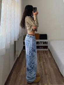 SHEIN Jeans acampanados con estampado vintage para mujer de talla grande - Lavado ligero - Ver 4
