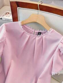GlowEve CURVE Women's Elegant Casual Solid Color Lace Patchwork Ruffle Collar Petal Sleeve Blouse - Pink - View 7