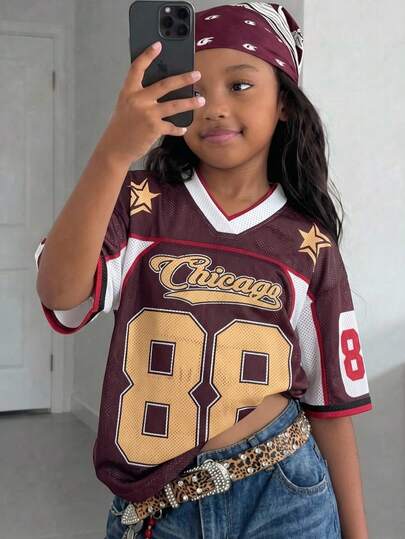 Coolane Kids Tween Girls Y2K Casual Sports Oversized Number Print Mesh T-Shirt, Street Style