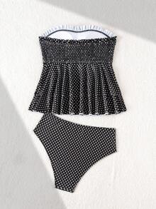 Swim Mod Berry Dot Layered Ruched Spaghetti Strap Bikini Top, Strapless Design With Front Shirred Detail, Double Layer Ruffle Belly Coverage Slimming, Camisole Style Bikini, Suitable For Beach, Sand, Pool, Vacation - Black and White - View 2