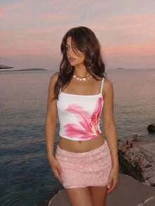 Skyraze Women's White And Pink Floral Print Camisole Top, Elegant Summer Spaghetti Strap Crop Top, Fitted Beach For Vacation, Brunch, Party - White - View 2