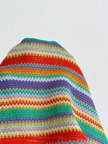 Soleia Green Striped Multicolor Knitted Halter Backless Mini Jumpsuit,Summer Boho Beach Vacation Pride Month Carnival Party Halloween New Year Date Romper - Multicolor - View 6