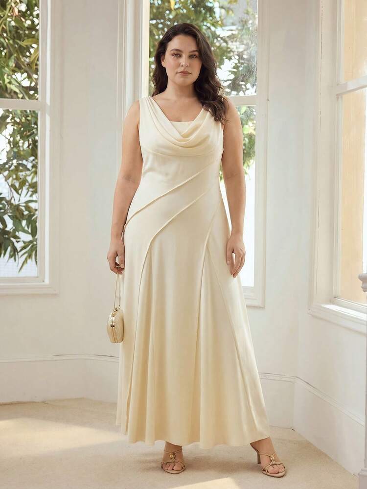 PLUS SIZE ELEGANT FOLDOVER ASYMMETRICAL SHOULDER COWL TIE BACKLESS DRESS, SPRING/SUMMER
