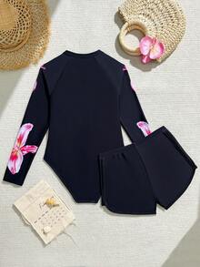 SHEIN 青少年女孩坦基尼泳裝，無袖花卉印花比基尼套裝，黑色百合圖案，拉鍊設計，兩件式泳裝含長袖上衣與短褲，時尚休閒優雅泳裝，適用於游泳、海灘、夏季度假 - 黑色 - 查看 2