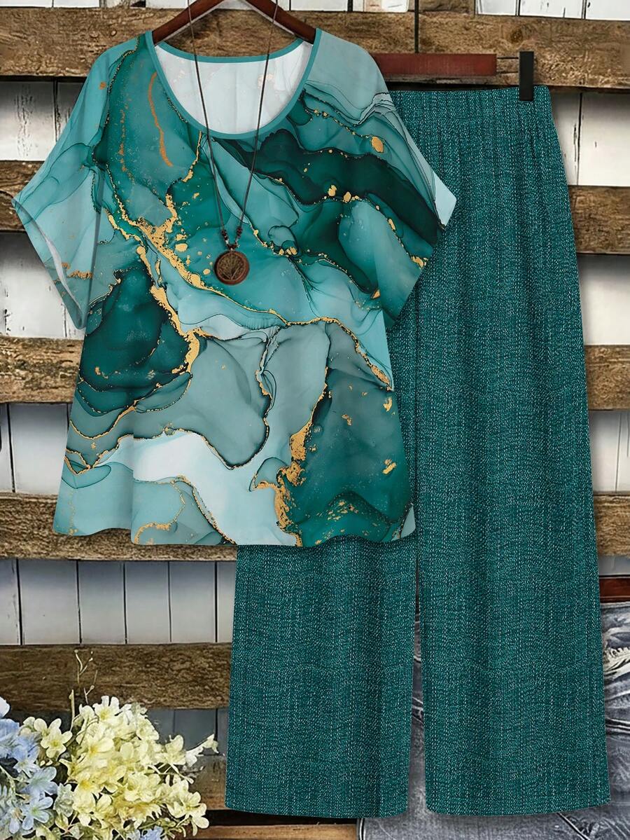 EMERY ROSE Conjunto de 2 piezas de top de manga corta y pantalones con estampado de mármol para mujer de talla grande, diseño de color degradado, adecuado para uso diario, vacaciones, verano - Multicolor - Ver 1