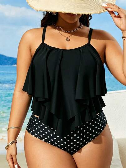 Swim Lushoire Plus Size Women's Summer Beach Vacation Polka Dot Print Tankini Swimsuit