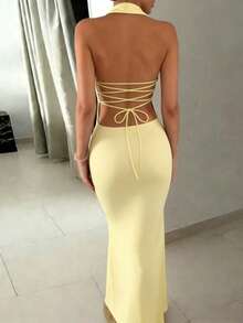 INAWLY Solva Women's Deep V-Neck Halter Tie Backless High Slit Maxi Dress - Yellow - View 7