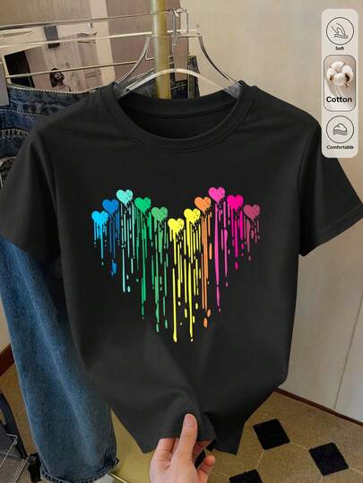 Glimmora Women's Rainbow Dripping Heart Print Cotton Blend Crew Neck T-Shirt, Soft Stretch Short Sleeve Top, Basic Daily Wear