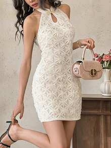 EastFlair Đầm cổ yếm kiểu Trung Quốc màu trơn thanh lịch với họa tiết hoa 3D, thích hợp cho mùa hè. - Màu be - Xem 1