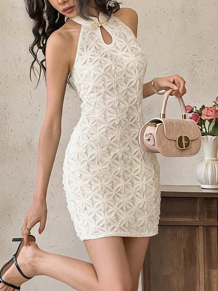 EastFlair Đầm cổ yếm kiểu Trung Quốc màu trơn thanh lịch với họa tiết hoa 3D, thích hợp cho mùa hè. - Màu be - Xem 1