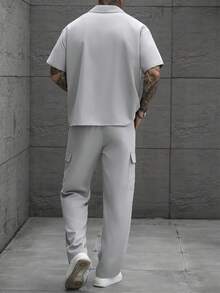 Manfinity Homme 男士纯色衬衫和裤子工装套装 - 灰色 - 查看 2