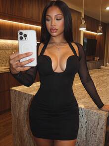 Slaydiva 2025 Neues elegantes, sexy Neckholder-Mesh-Bodycon-Minikleid, geeignet für Party, Geburtstag, Bar, Nachtclub, Valentinstag, Halloween, Weihnachten - Rot - Übersicht 4
