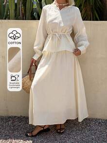 DAZY Casual Beige Long Shirt And Long Skirt 2 Pieces Set For Women, Spring/Summer Lounge Sets For Women - Beige - View 6