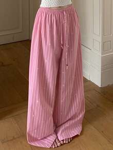 DAZY Pantalones de pijama de pierna ancha con cordón en la cintura, estilo casual y relajado para mujer - Rojo - Ver 7
