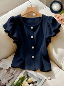 Franclia Women's Solid Color Ruffle Sleeve Round Neck Shirt, Yellow, Fashion Versatile French Style Short Pearl Button Decorated Blouse, Elegant Summer Top - Navy Blue - View 5