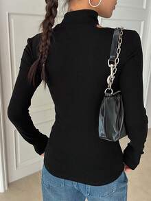 DAZY Cut Out Asymmetrical Neck Tee Going Out Tops,Fall Clothes Long Sleeve Women Tops Turtleneck Women - Black - View 2
