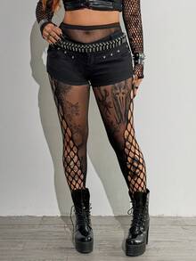 Whyspr Plus Size Women's Sexy Sheer Elastic Mesh Splice Leggings - Black - View 6