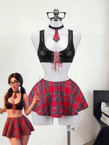 Fantasy Costume Fantasy Costume Bộ 4 món đồng phục học sinh nữ cỡ tiêu chuẩn COS gồm váy kẻ caro, áo phản quang, quần lót, váy ngắn và cà vạt. - Nhiều màu - Xem 3