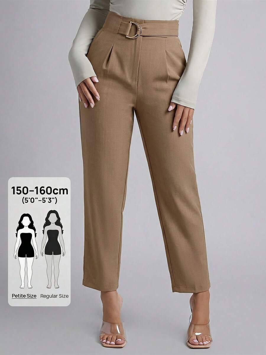 SHEIN PETITE Spring Belted Solid Tapered Pants ,Petite Women - Mocha Brown - View 1