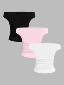 Sweetra Bộ 3 món: Áo thun nữ thiết kế mới, phong cách đường phố sành điệu, trễ vai, ôm sát, thoải mái, thích hợp cho mùa xuân/hè. - Nhiều màu - Xem 2