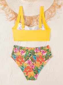 Swim Lushoire Bộ bikini nữ in họa tiết hoa nhiệt đới rực rỡ, áo croptop bản rộng, cạp cao phối màu tương phản, thích hợp cho kỳ nghỉ hè trên bãi biển. - Nhiều màu - Xem 2