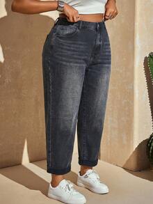Slaydiva Plus Size Women High Waist Pocketed Tapered Casual Jeans - Black - View 11