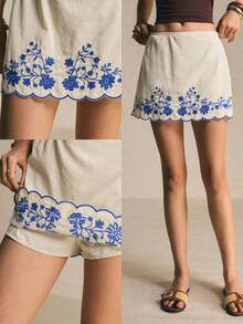 Poéselle 女款休閒波西米亞風花卉刺繡A字裙，100%純棉短褲，夏季海灘藍灰色 - 杏色 - 查看 2