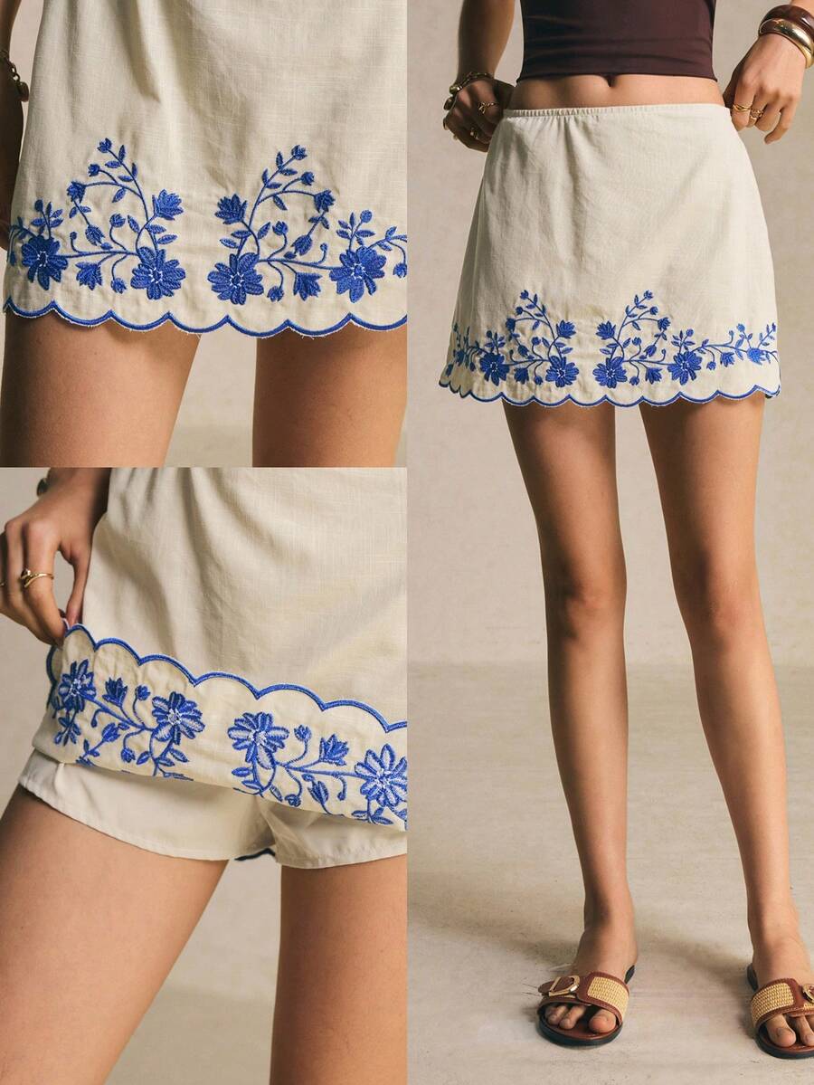 Poéselle 女款休閒波西米亞風花卉刺繡A字裙，100%純棉短褲，夏季海灘藍灰色