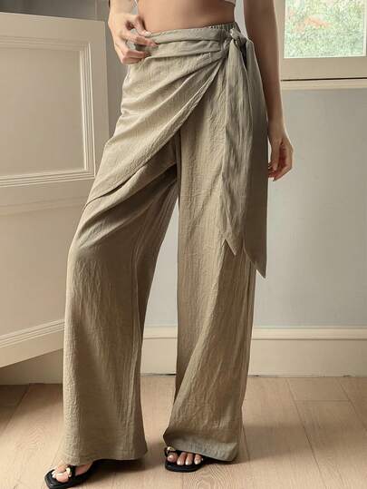 Livesso Dazy-Less Women's Solid Color Wrap Tie Casual Straight Leg Pants