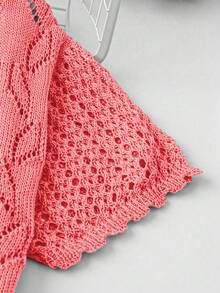 Linhara Plus Size Women Solid Color Knitted Round Neck Hollow Out Single-Breasted Short Sleeve Cropped Casual Lightweight Cardigan, Spring/Summer - Watermelon Pink - View 4
