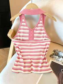 Franclia French Style Striped Backless Halter Neck Tank Top For Women, Summer, Slimming & Age-Reducing - Multicolor - View 2