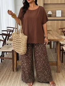 SHEIN CURVE+ Curve 尺码 US22 音乐节、海滨度假、波西米亚风两件套女士度假宽松衬衫和碎花长裤套装 夏季套装 - 棕色 - 查看 2