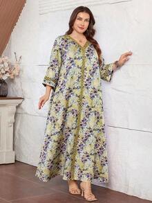 Lacomfia Casual All-Over Print V-Neck Ruffle Trim 3/4 Sleeve Loose Regular Spring/Autumn Plus Size Dress - Multicolor - View 5