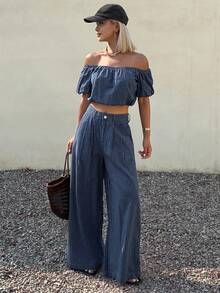 Livesso Bộ áo trễ vai và quần jeans ống rộng dành cho nữ, thích hợp cho mùa hè. - Màu xanh hải quân - Xem 4