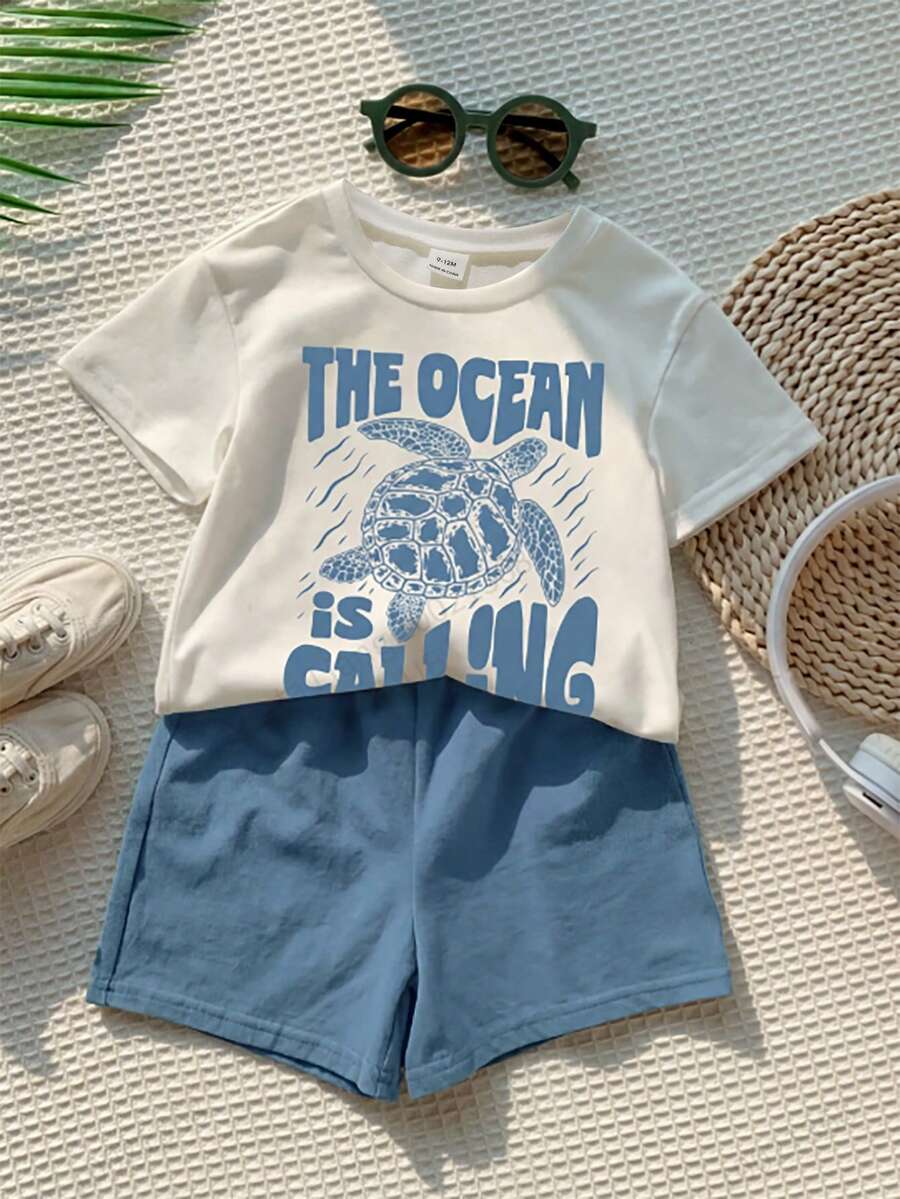 SHEIN 2pcs/Set Baby Boy/Girl Funny Sea Turtle Animal Print Round Neck Knit Top T-Shirt And Shorts,Blue White Stripe,Summer,Casual,Beach,Holiday 2-Piece Set - Blue - View 1