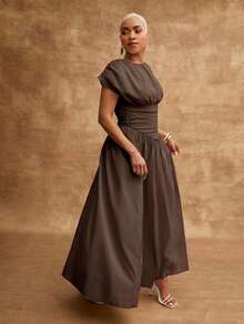 Vixey Solid Woven Round Neck Ruched Drop Waist Maxi Dress - Brown - View 5