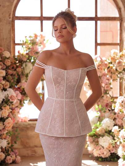 Glamrae Elegante vestido de novia de cola con escote sin tirantes y ajustado estilo sirena de encaje blanco romántico