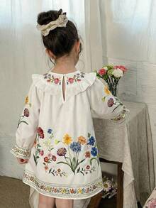 SHEIN LMoss Kids Đầm voan hoa xếp tầng cho bé gái - trắng - Xem 7