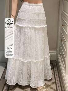 DAZY Women's Elegant Solid Color Lace Skirt, Summer Vacation - White - View 1